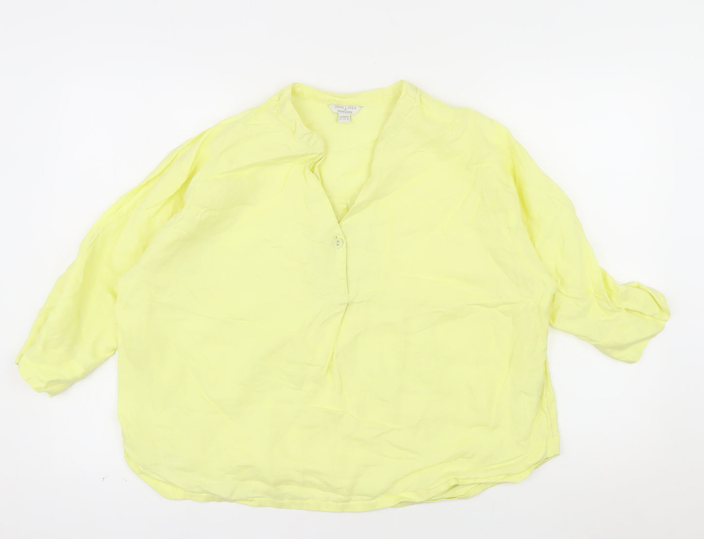 Monsoon Women Yellow Linen Tunic Blouse Size 14 V-Neck Lightweight