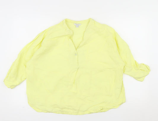 Monsoon Women Yellow Linen Tunic Blouse Size 14 V-Neck Lightweight