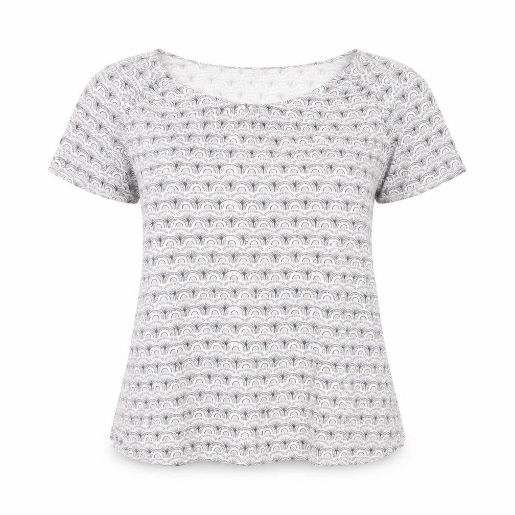 Front view of FatFace Women Grey Patterned Viscose Short Sleeve T-Shirt, size 10