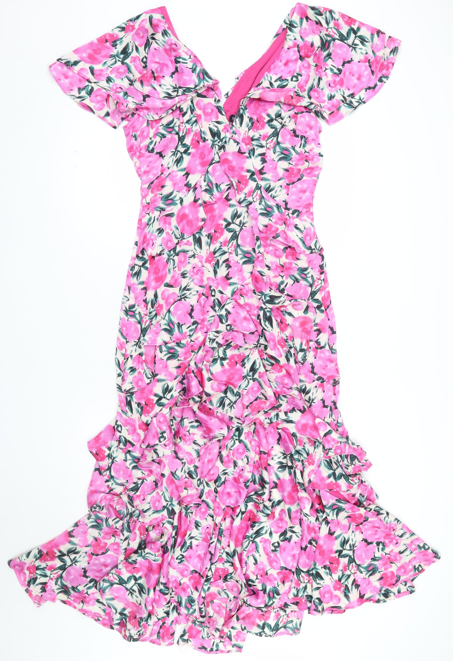 Boohoo Women’s Pink Floral Midi Bodycon Dress Size 12