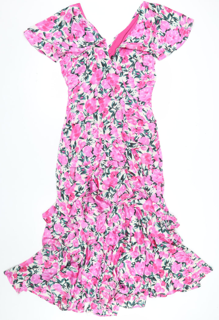 Boohoo Women’s Pink Floral Midi Bodycon Dress Size 12