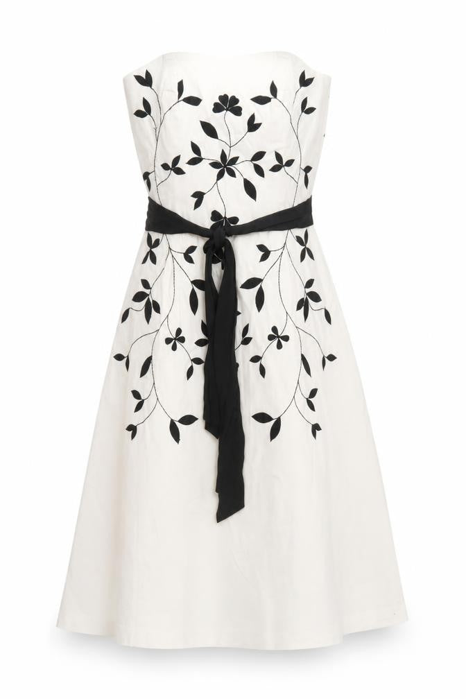 Coast Women's Ivory Black Embroidered Strapless A-Line Dress Size 10