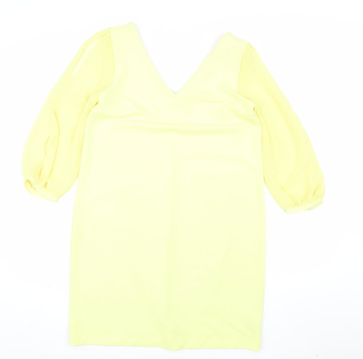Next Women Yellow Shift Dress Size 12 V-Neck Puff Sleeve Woven