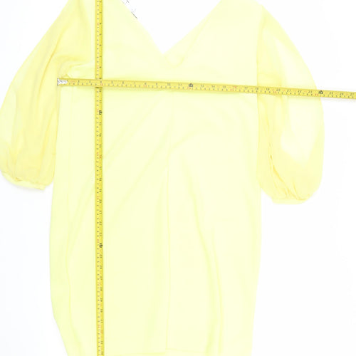 Next Women Yellow Shift Dress Size 12 V-Neck Puff Sleeve Woven