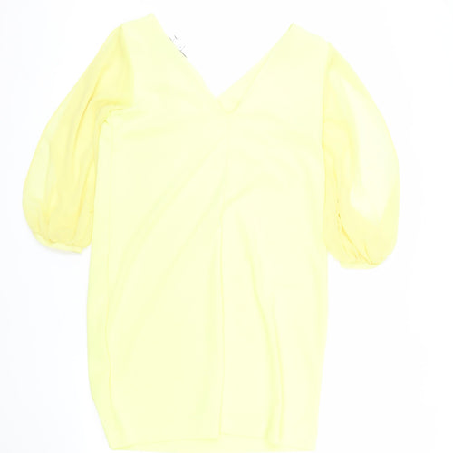 Next Women Yellow Shift Dress Size 12 V-Neck Puff Sleeve Woven