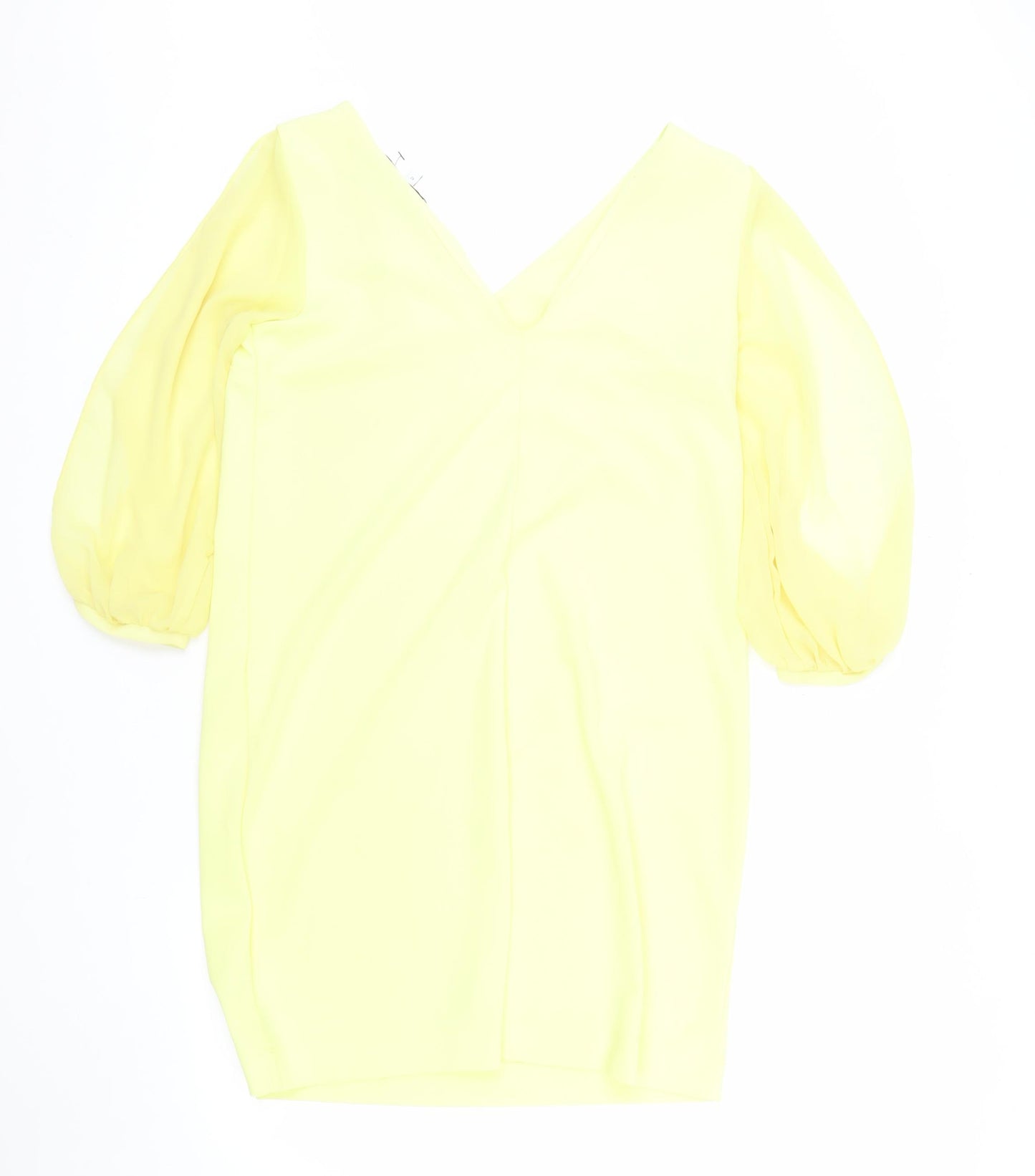 Next Women Yellow Shift Dress Size 12 V-Neck Puff Sleeve Woven