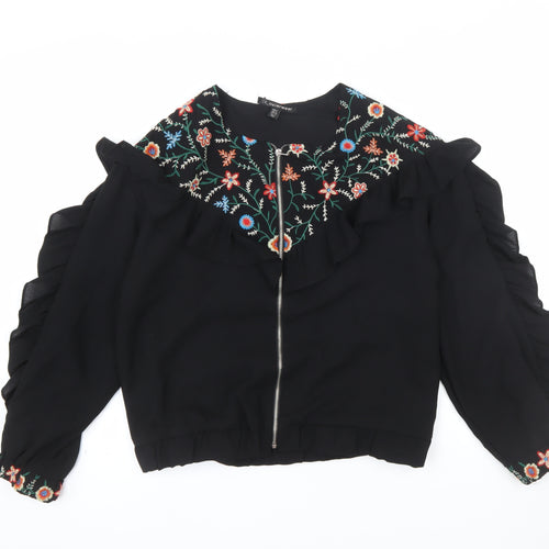 Zara Women Black Embroidered Ruffle Bomber Jacket Size S