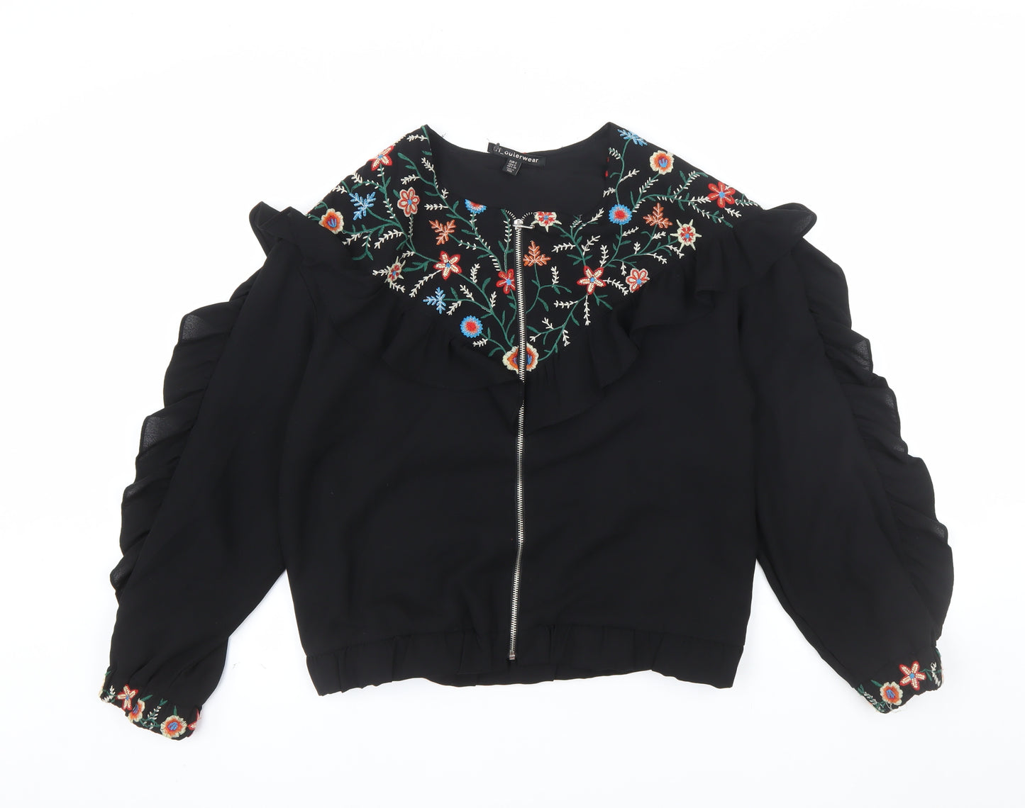 Zara Women Black Embroidered Ruffle Bomber Jacket Size S