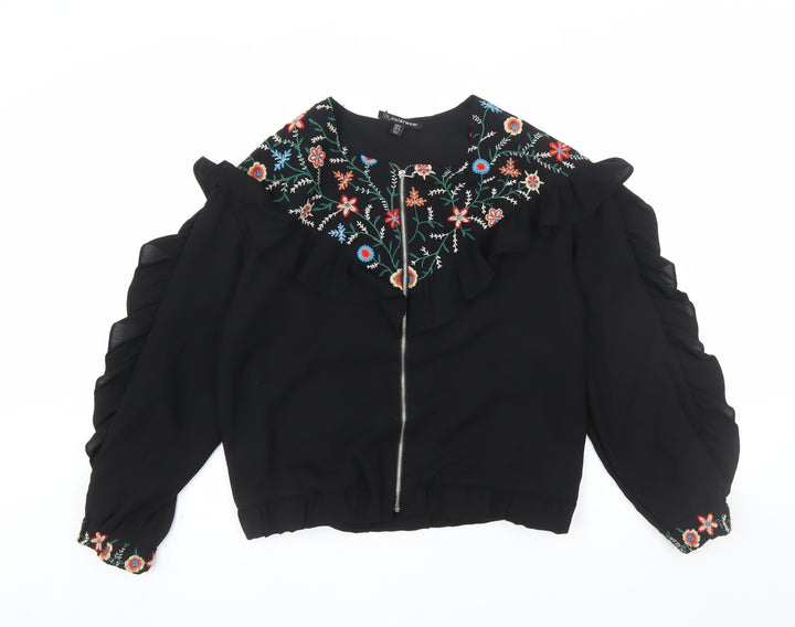 Zara Women Black Embroidered Ruffle Bomber Jacket Size S