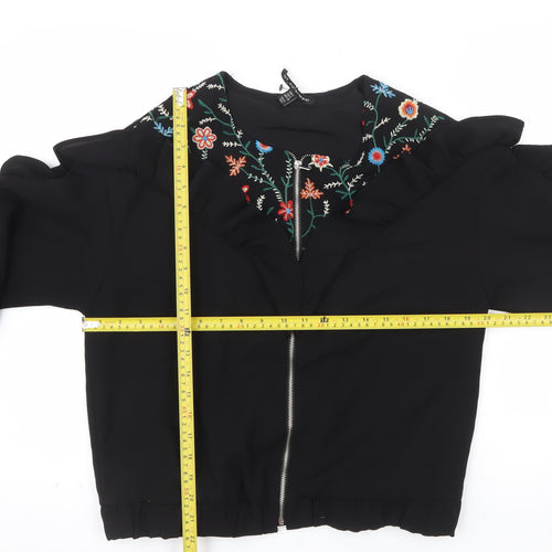 Zara Women Black Embroidered Ruffle Bomber Jacket Size S