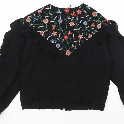 Zara Women Black Embroidered Ruffle Bomber Jacket Size S
