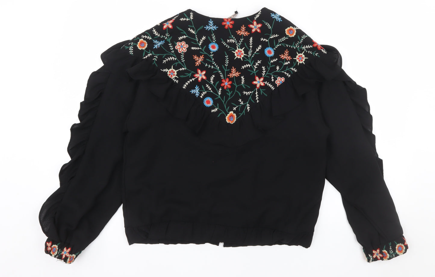 Zara Women Black Embroidered Ruffle Bomber Jacket Size S
