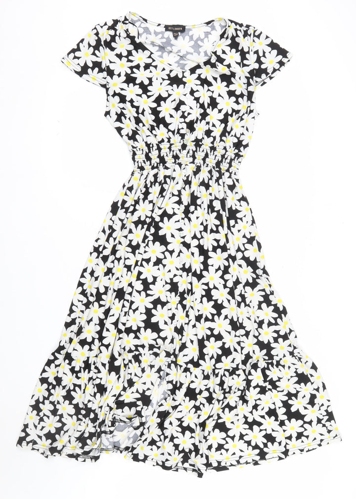QED London Women’s Black Floral Daisy Fit & Flare Midi Dress Size 14