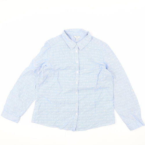 M&Co Women Blue Petite Cotton Long Sleeve Button-Up Shirt Size 10