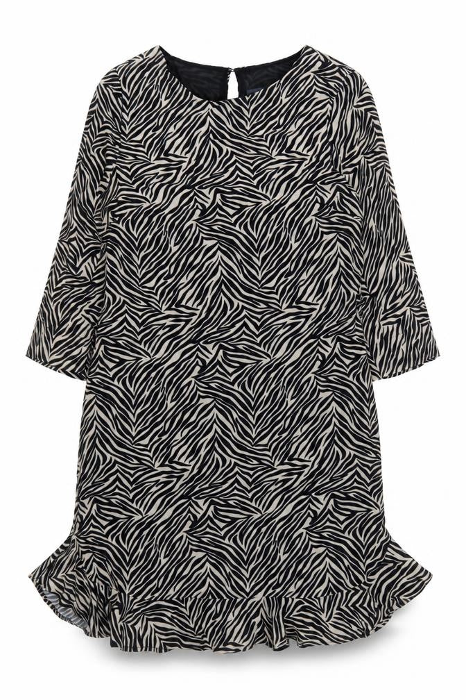 Front view of Sonsandar Women’s Black Zebra Print Shift Dress, size UK 10