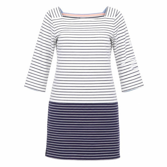 Front view of Joules Women Blue Striped Cotton Shift Dress, size 12