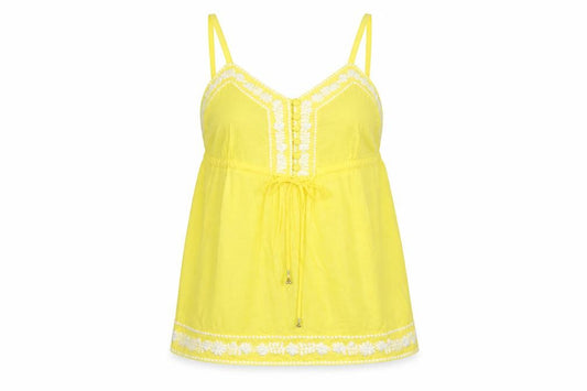 Front view of New Look Women Yellow Cotton Embroidered Camisole Top, size 10