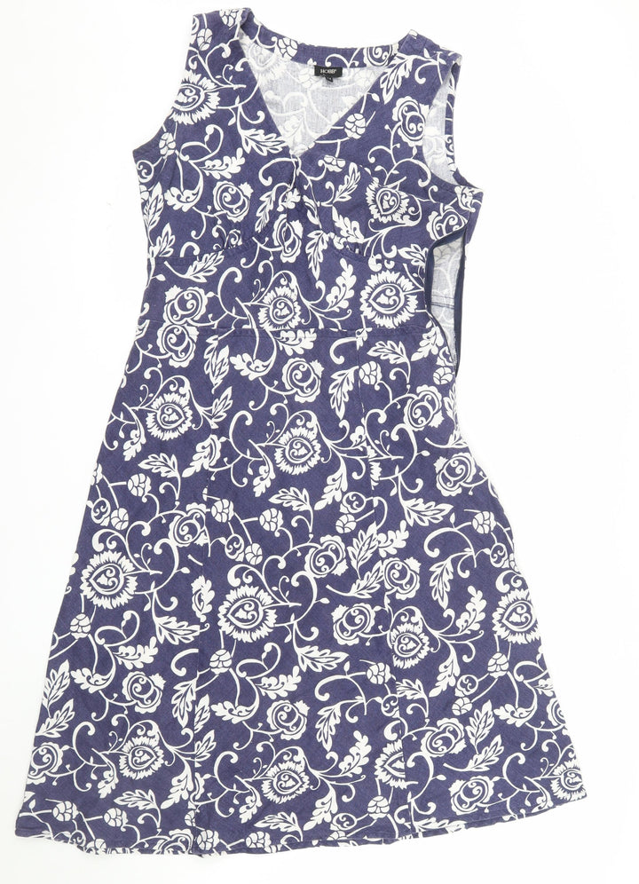 Hobbs Women Blue Floral Linen A-Line Knee Length Dress Size 14