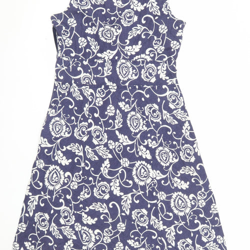 Hobbs Women Blue Floral Linen A-Line Knee Length Dress Size 14