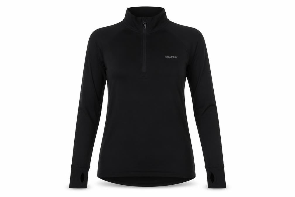 Front view of USA Pro Women's Black Half Zip Pullover Sweatshirt, size 6