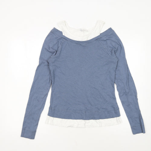 Rainbow Womens Blue Long Sleeve Boat Neck Cotton Top M