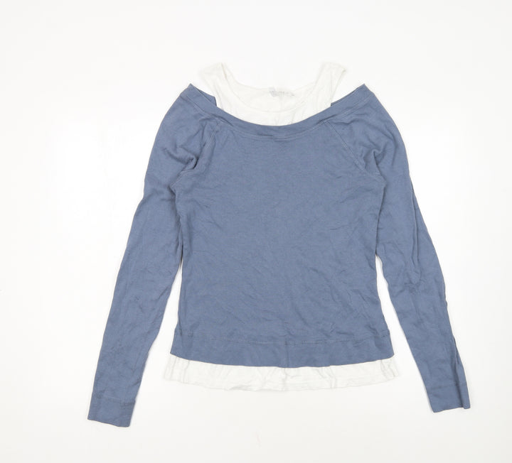 Rainbow Womens Blue Long Sleeve Boat Neck Cotton Top M