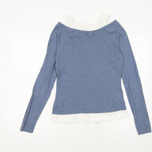 Rainbow Womens Blue Long Sleeve Boat Neck Cotton Top M