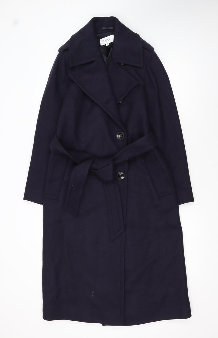 Reiss Womens Navy Wool Long Belted Trench Coat Size 6