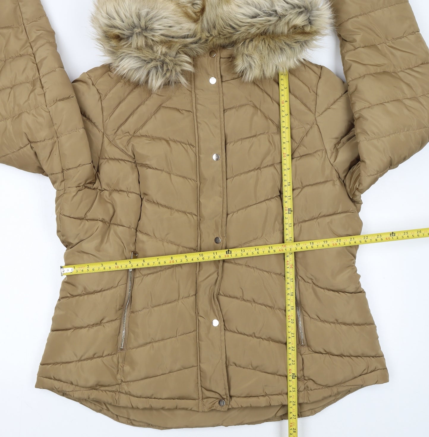 F&F Women’s Beige Faux Fur Hooded Puffer Jacket Size 22