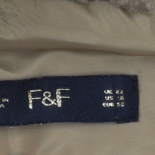 F&F Women’s Beige Faux Fur Hooded Puffer Jacket Size 22