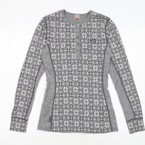 Kari Traa Womens Grey Fair Isle Wool Henley Sweatshirt M