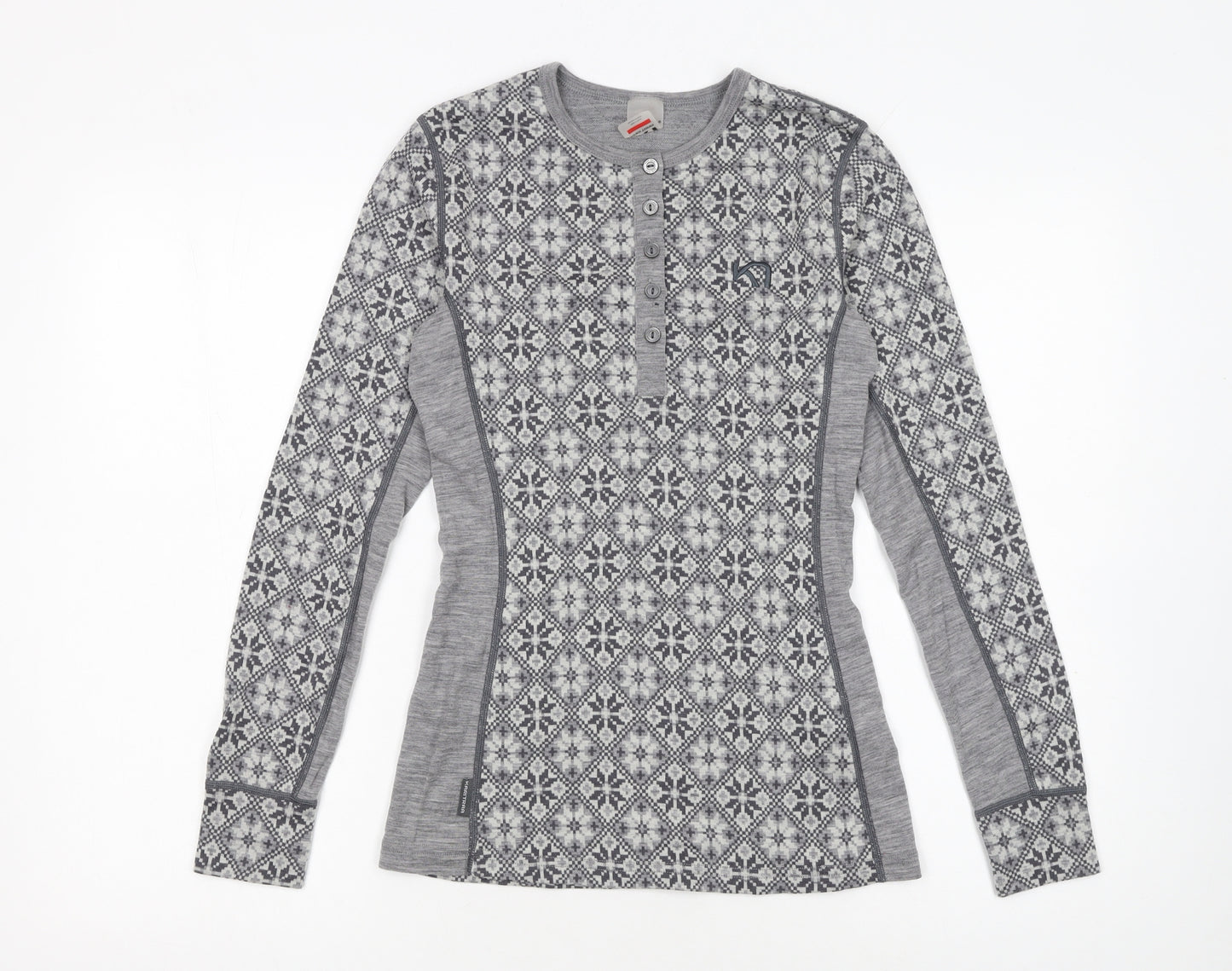 Kari Traa Womens Grey Fair Isle Wool Henley Sweatshirt M