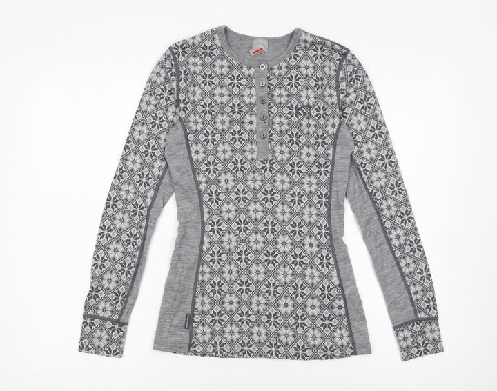 Kari Traa Womens Grey Fair Isle Wool Henley Sweatshirt M