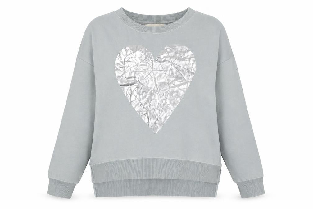 Front view of A Postcard from Brighton women’s grey silver heart pullover sweatshirt, size S