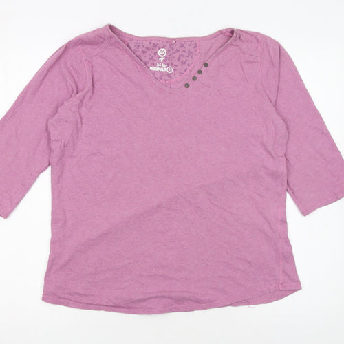 Fat Face Women Pink 3/4 Sleeve V-Neck Cotton T-Shirt Size 16