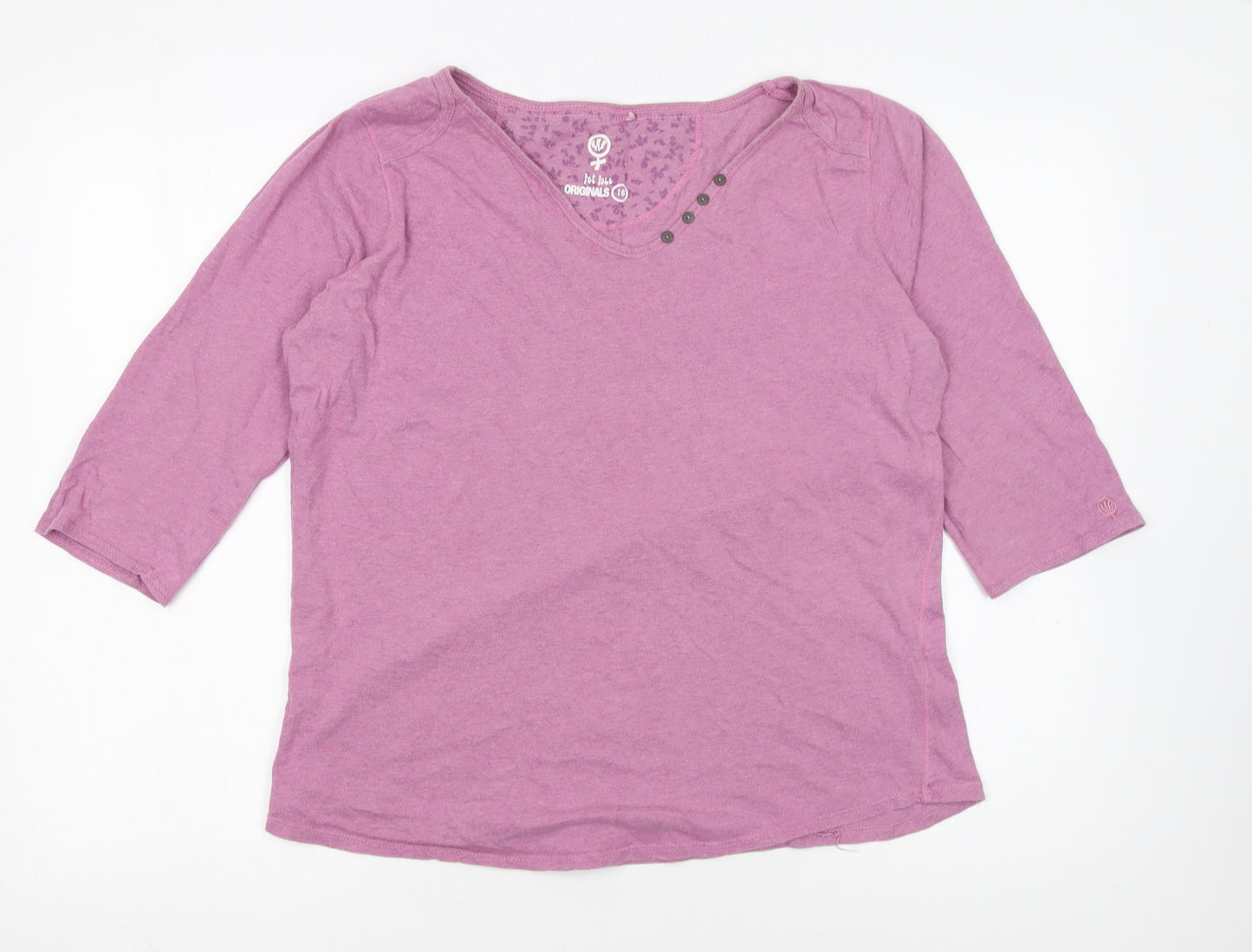 Fat Face Women Pink 3/4 Sleeve V-Neck Cotton T-Shirt Size 16
