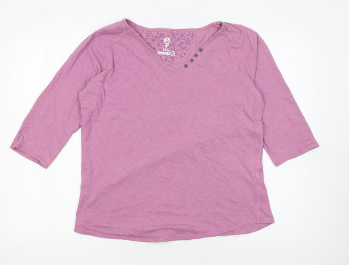 Fat Face Women Pink 3/4 Sleeve V-Neck Cotton T-Shirt Size 16