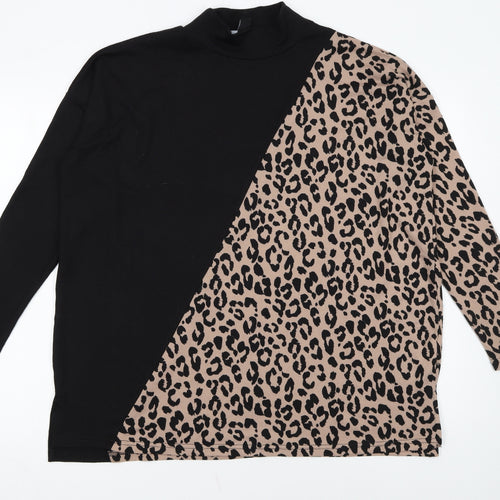 New Look Women’s Black Leopard Print Mock Neck Long Sleeve Pullover Jumper Size L