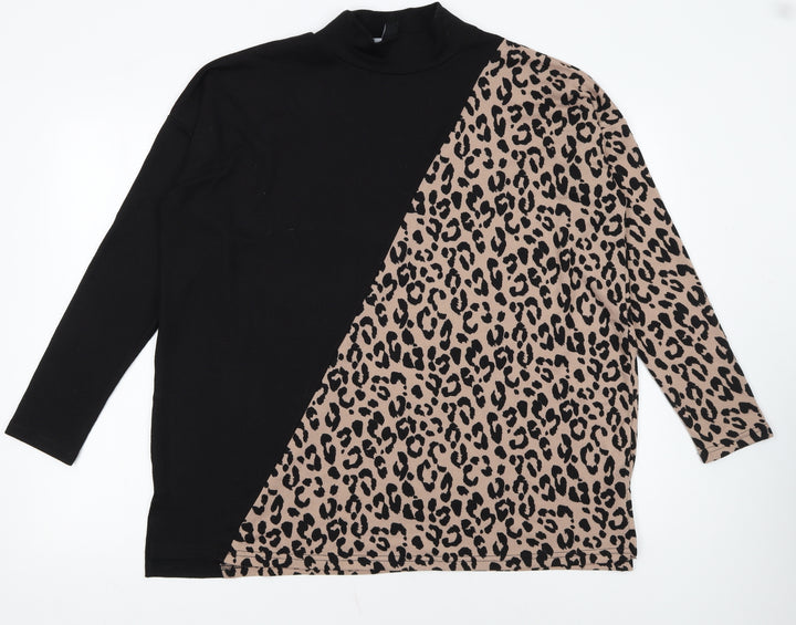 New Look Women’s Black Leopard Print Mock Neck Long Sleeve Pullover Jumper Size L