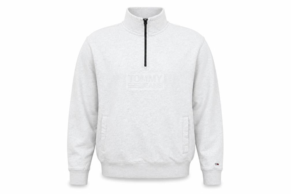 Front view of Tommy Jeans Men's Grey XL 1/2 Zip High Neck Sweatshirt