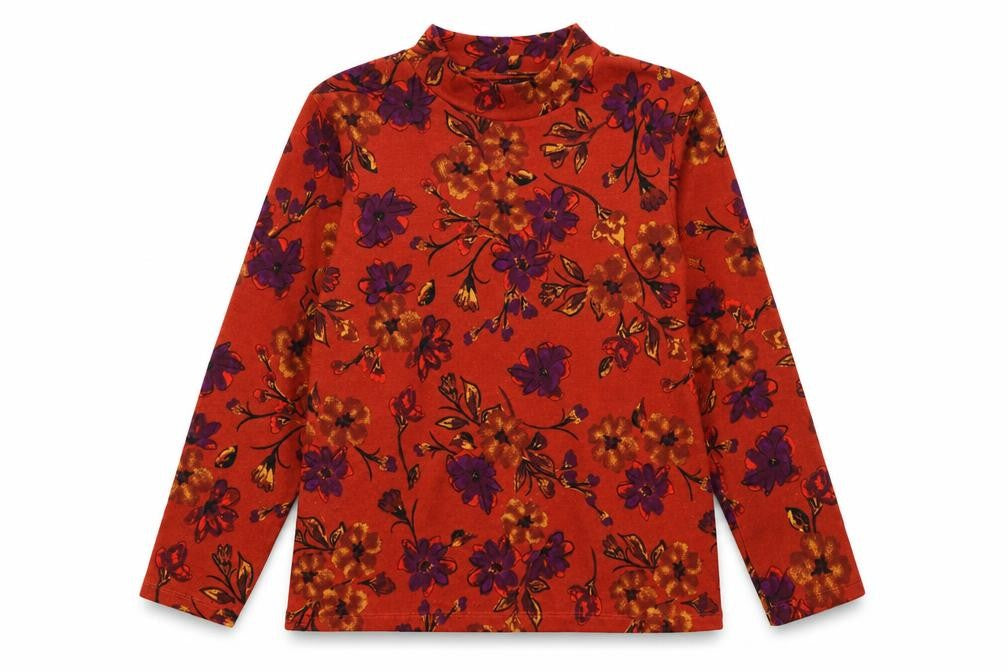 Isle Collection Women’s Red Floral Mock Neck Long Sleeve Pullover Jumper M