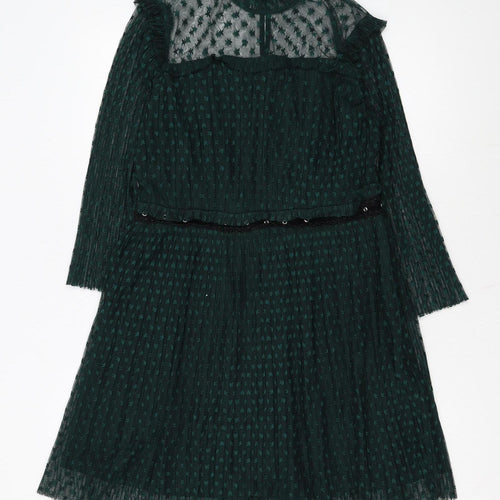 Topshop Women's Green Mesh A-Line Dress Size 14 Long Sleeve Partywear
