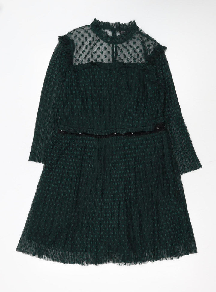 Topshop Women's Green Mesh A-Line Dress Size 14 Long Sleeve Partywear