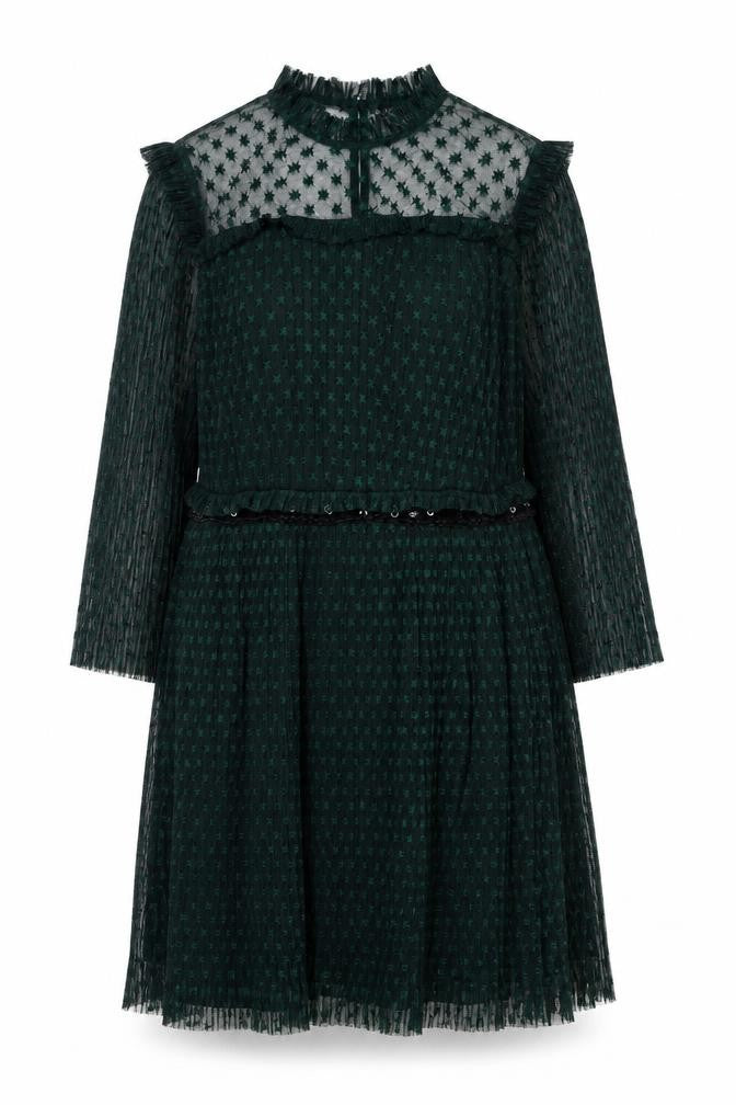 Topshop Women's Green Mesh A-Line Dress Size 14 Long Sleeve Partywear