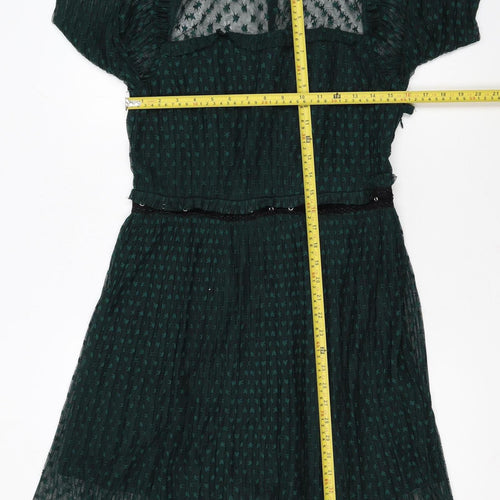 Topshop Women's Green Mesh A-Line Dress Size 14 Long Sleeve Partywear