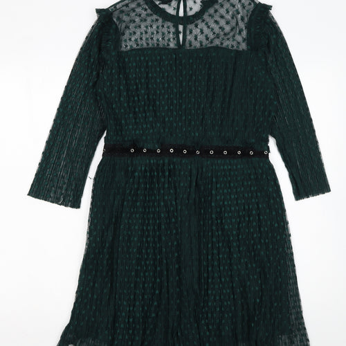 Topshop Women's Green Mesh A-Line Dress Size 14 Long Sleeve Partywear