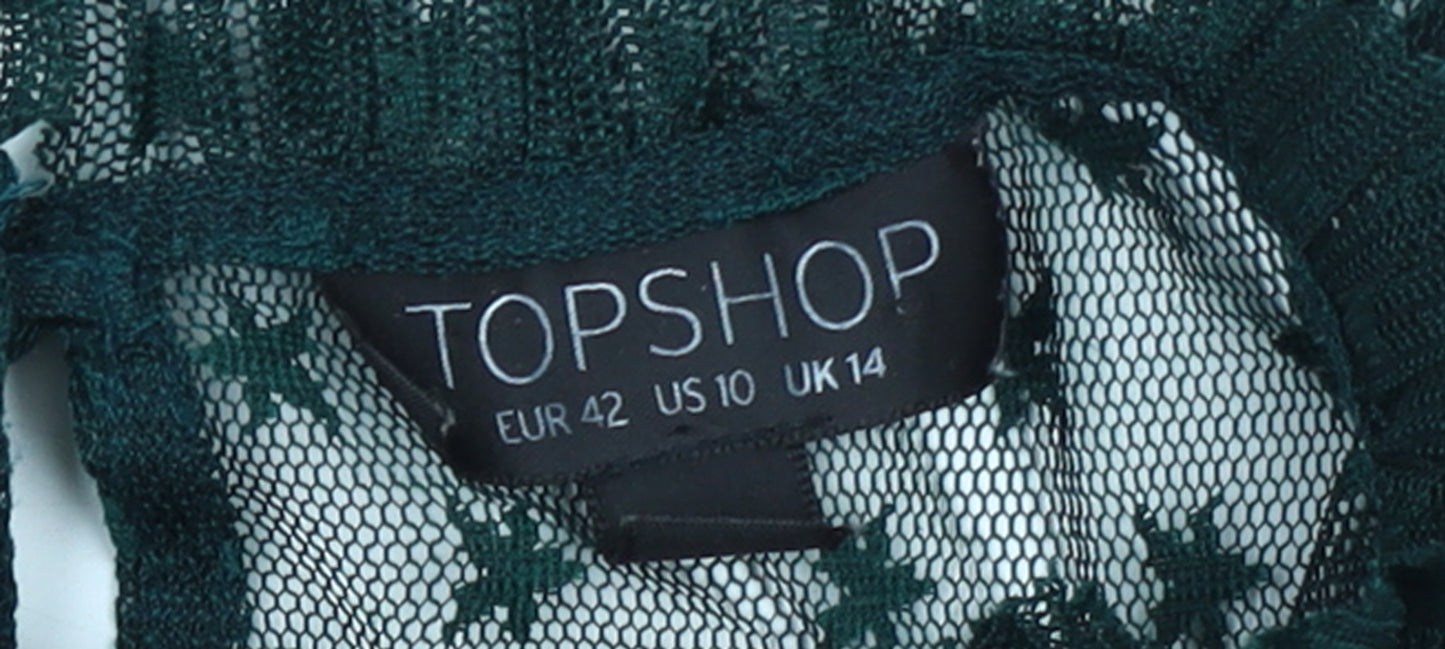 Topshop Women's Green Mesh A-Line Dress Size 14 Long Sleeve Partywear