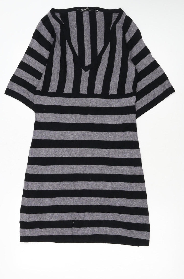 Brave Soul Women’s Grey Black Striped Short Knit Shift Dress S