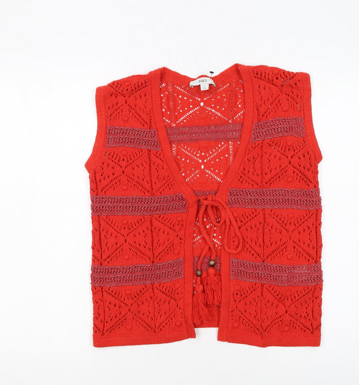 Marks and Spencer Women Red Open Knit Boho Tassel Vest XS