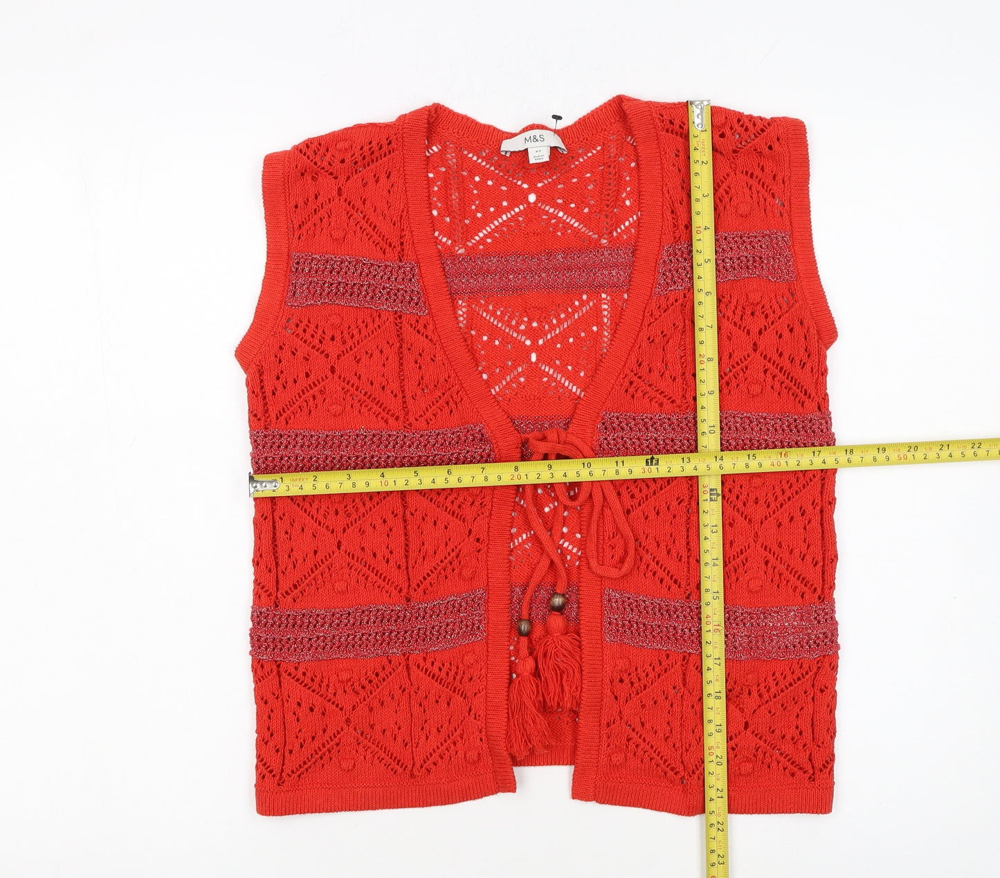 Marks and Spencer Women Red Open Knit Boho Tassel Vest XS